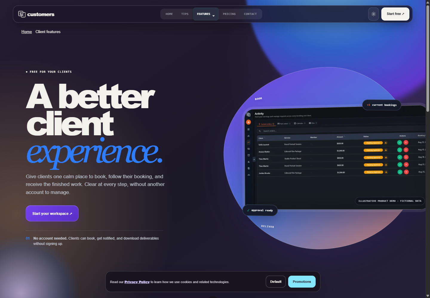 EZ Customers client features page